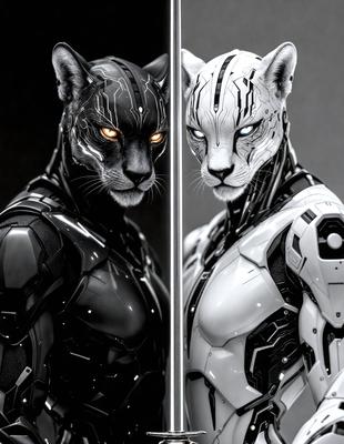 The primary subject of the image is a futuristic robot with a cat-like head. The robot is wearing a black and white suit, and its head features a cat's face with yellow eyes. The setting is a dark background, which contrasts with the robot's white and black color scheme. The visual style is a combination of digital art and illustration, creating a unique and intriguing image. The overall atmosphere is mysterious and captivating, as the cat-robot's face stands out against the